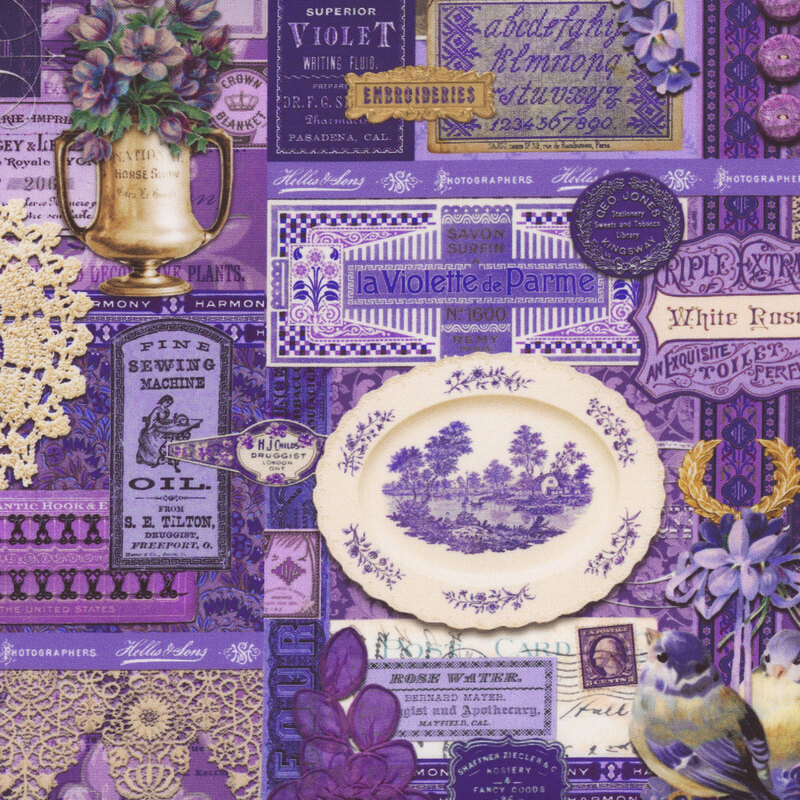 packed purple fabric that featuring tonal purple vintage labels, photos, and objects