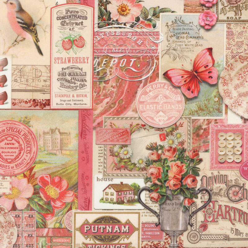 packed pink fabric that featuring tonal pink vintage labels, photos, and objects