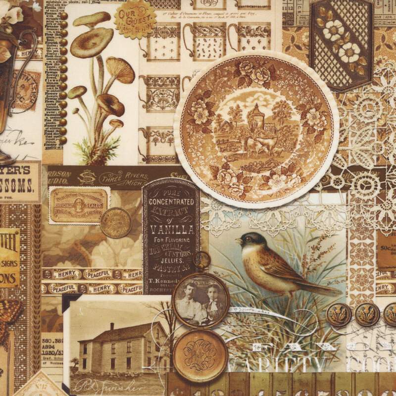 packed brown fabric that featuring tonal brown vintage labels, photos, and objects