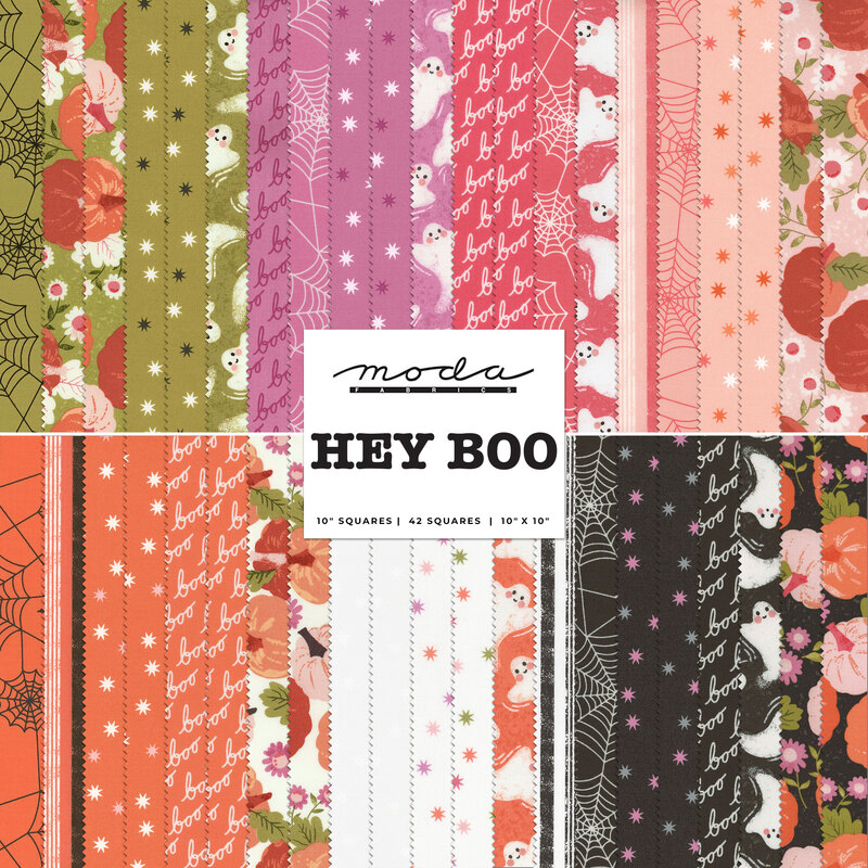 collage of vibrant halloween themed fabrics in the Hey Boo layer cake, in shades of orange, pink, purple, green, black, and white