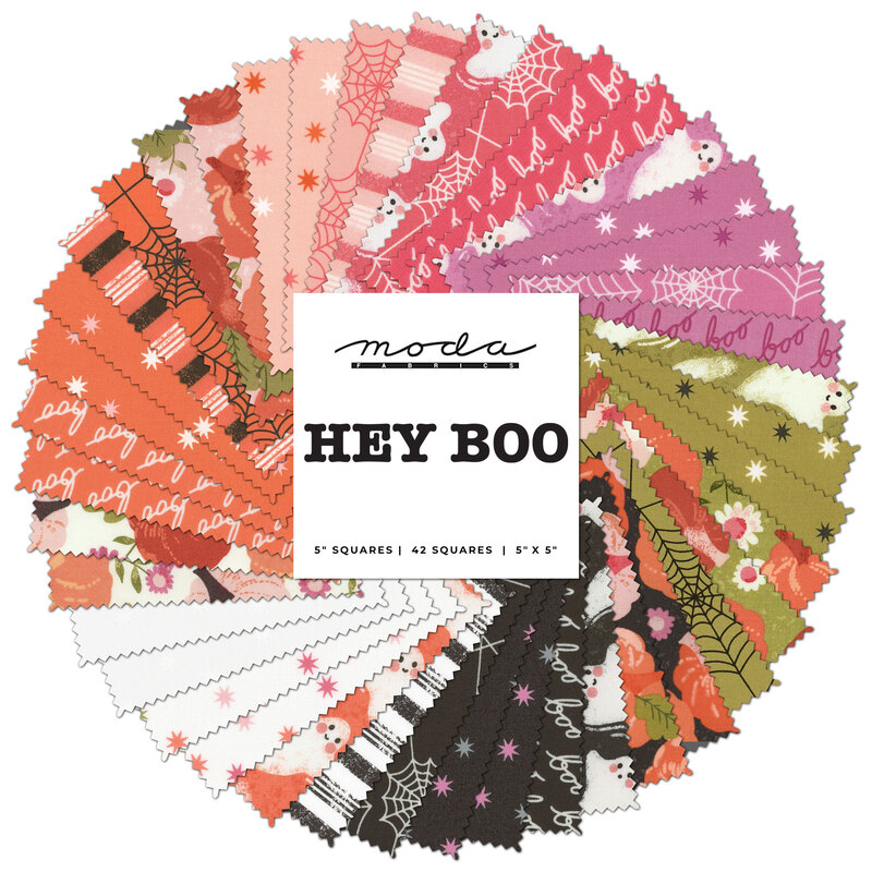 collage of vibrant halloween themed fabrics in the Hey Boo charm pack, in shades of orange, pink, purple, green, black, and white