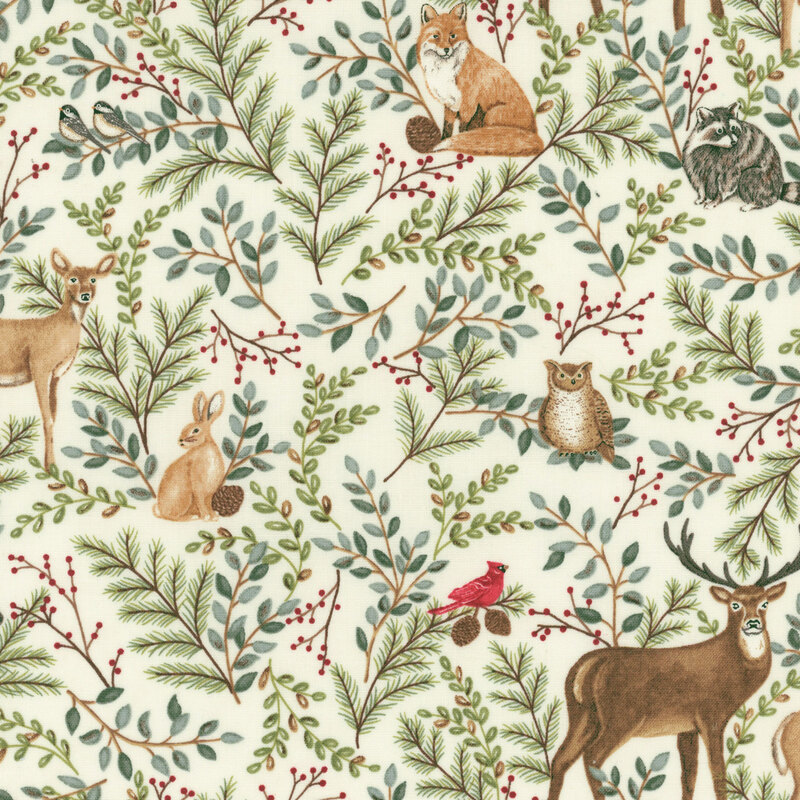lovely nature fabric featuring raccoons, deer, birds, and bunnies surrounded by branches on creme background