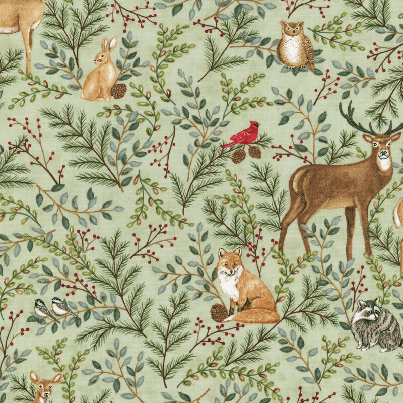lovely nature fabric featuring raccoons, deer, birds, and bunnies surrounded by branches on green background