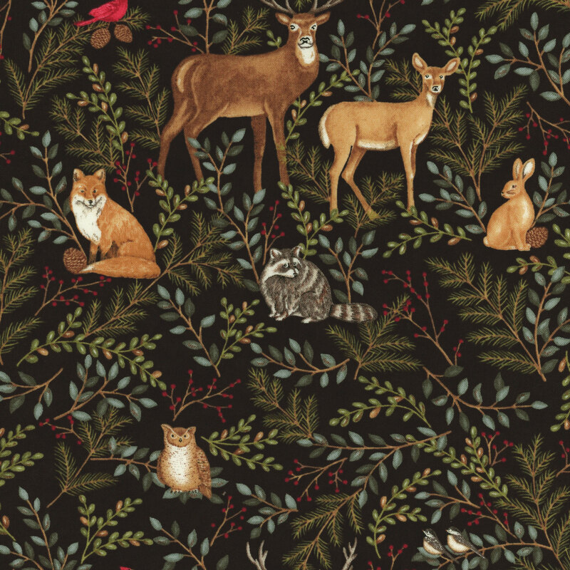 lovely nature fabric featuring raccoons, deer, birds, and bunnies surrounded by branches on black background