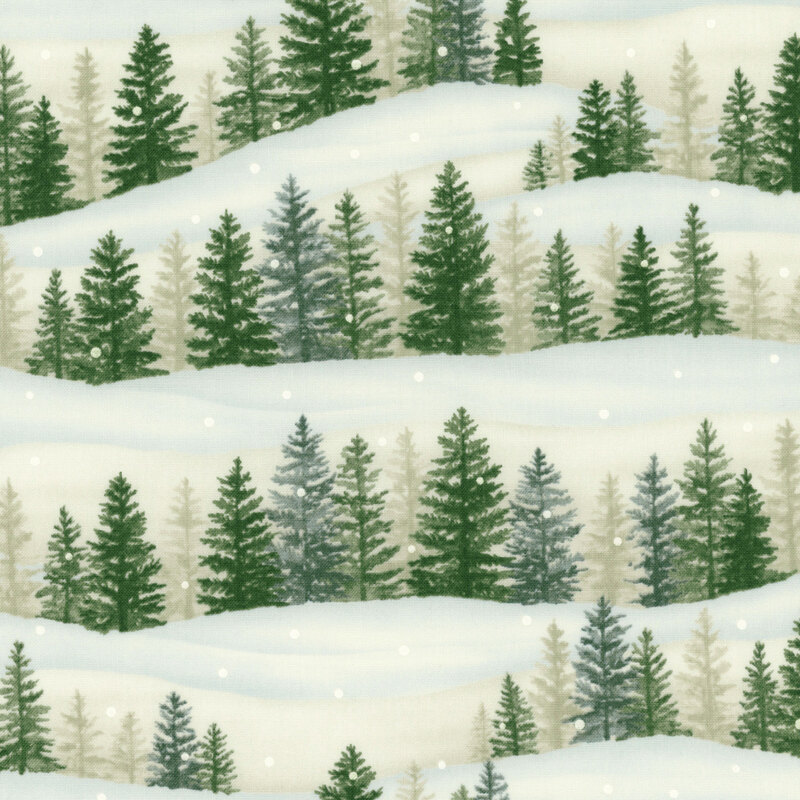 snowy woodland forest fabric featuring many trees and lots of snow