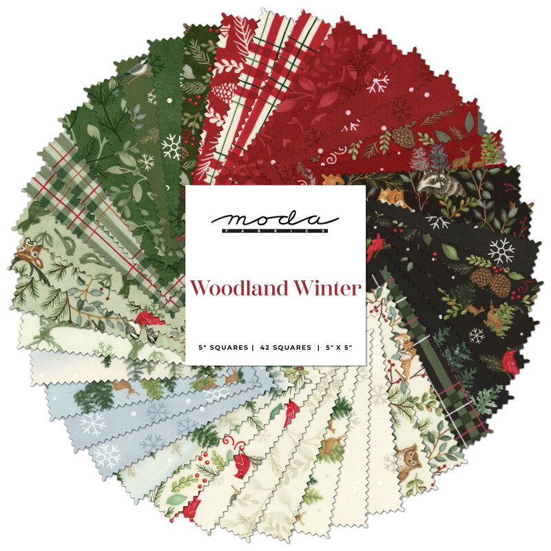 collage of all woodland winter charm pack, featuring fabrics with images of the woods and woodland creatures in shades of red, white, green, black, and light blue 