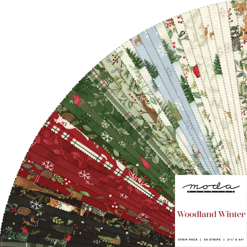 collage of all woodland winter jelly roll, featuring fabrics with images of the woods and woodland creatures in shades of red, white, green, black, and light blue 