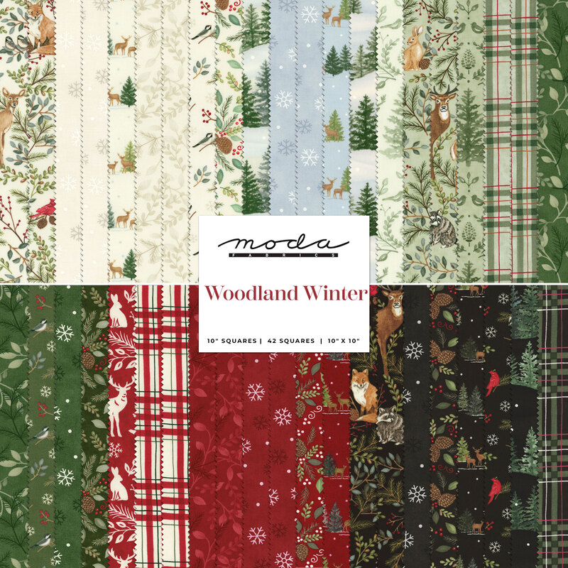 collage of all woodland winter layer cake featuring fabrics with images of the woods and woodland creatures in shades of red, white, green, black, and light blue 