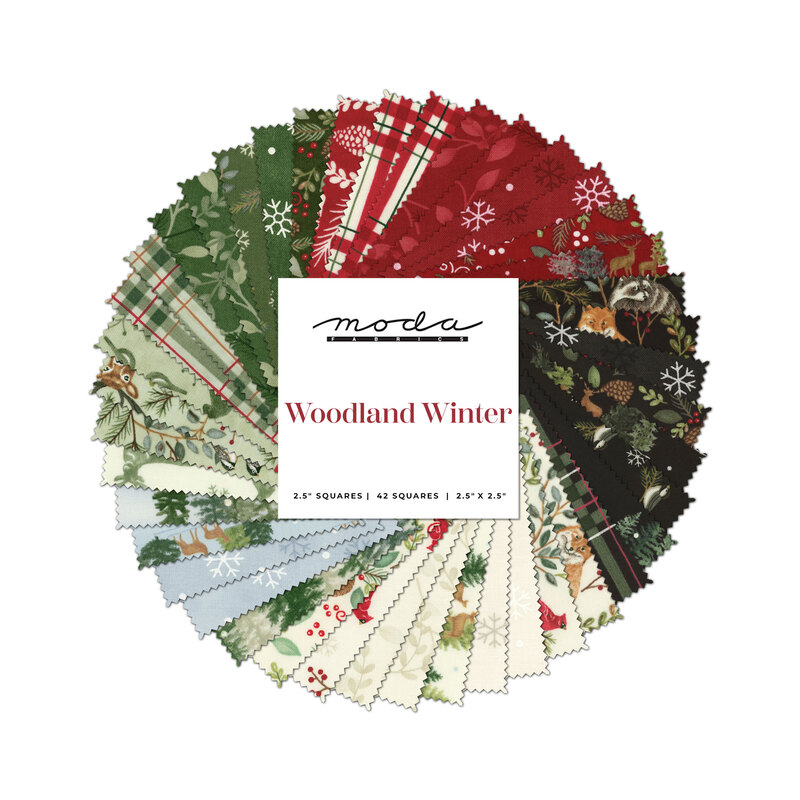 collage of all woodland winter mini charm pack featuring fabrics with images of the woods and woodland creatures in shades of red, white, green, black, and light blue 