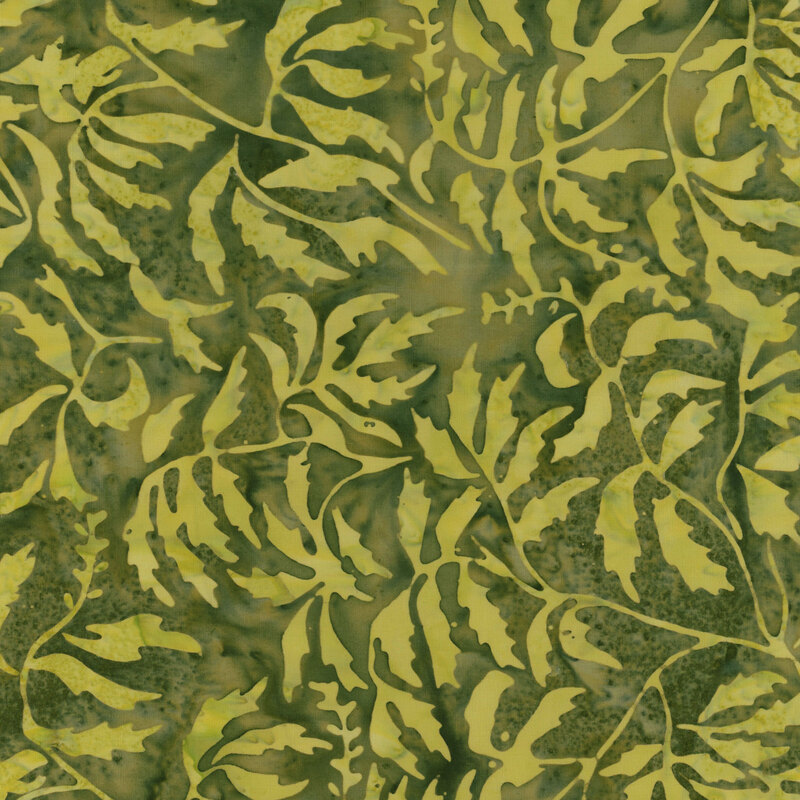 Dark green fabric with light green leaf pattern.