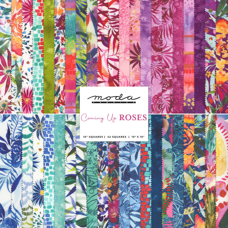 collage of vibrant colorful layer cake featuring fabrics with flowers and shades of blue purple pink yellow and green