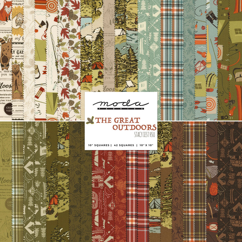 collage of all fabrics in the great outdoors layer cake, with camping and nature motifs, in shades of aqua, cream, green, red, and brown