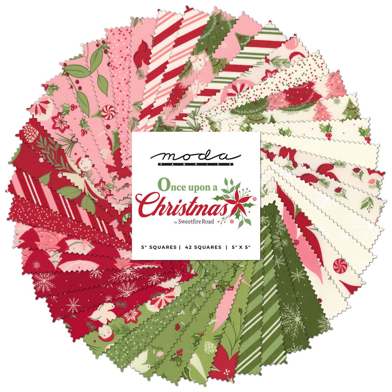 collage of all once upon a christmas charm pack fabrics, in colors ranging from green to off white to pink to red