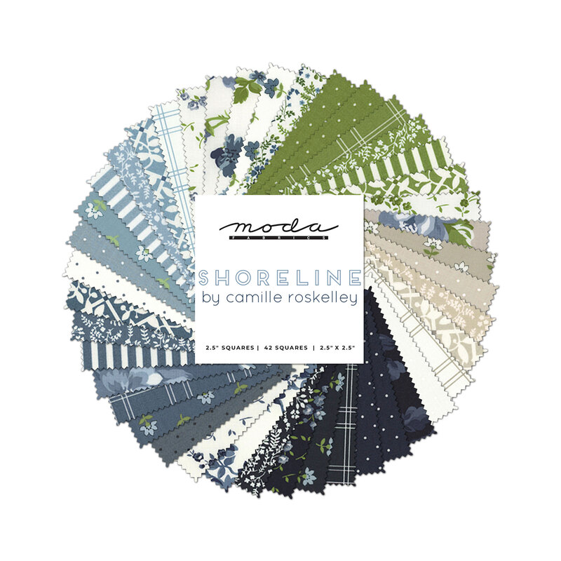 collage of shoreline mini charm pack fabrics, in shades of navy, blue, light blue, white, gray, and green, in lovely floral and tiled patterns