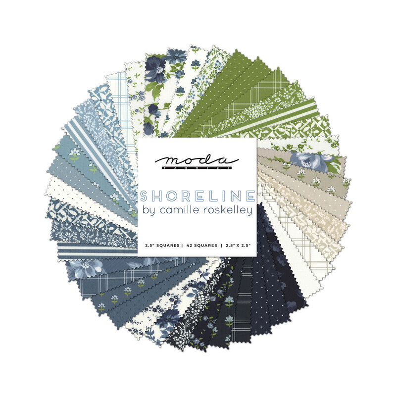 collage of shoreline mini charm pack fabrics, in shades of navy, blue, light blue, white, gray, and green, in lovely floral and tiled patterns