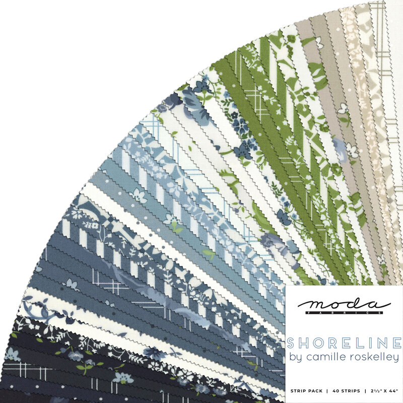 collage of shoreline jelly roll fabrics, in shades of navy, blue, light blue, white, gray, and green, in lovely floral and tiled patterns