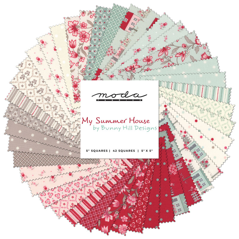 collage of my summer house charm pack fabrics, in shades of red, pink, light blue, gray, and creme in lovely floral and tiled patterns