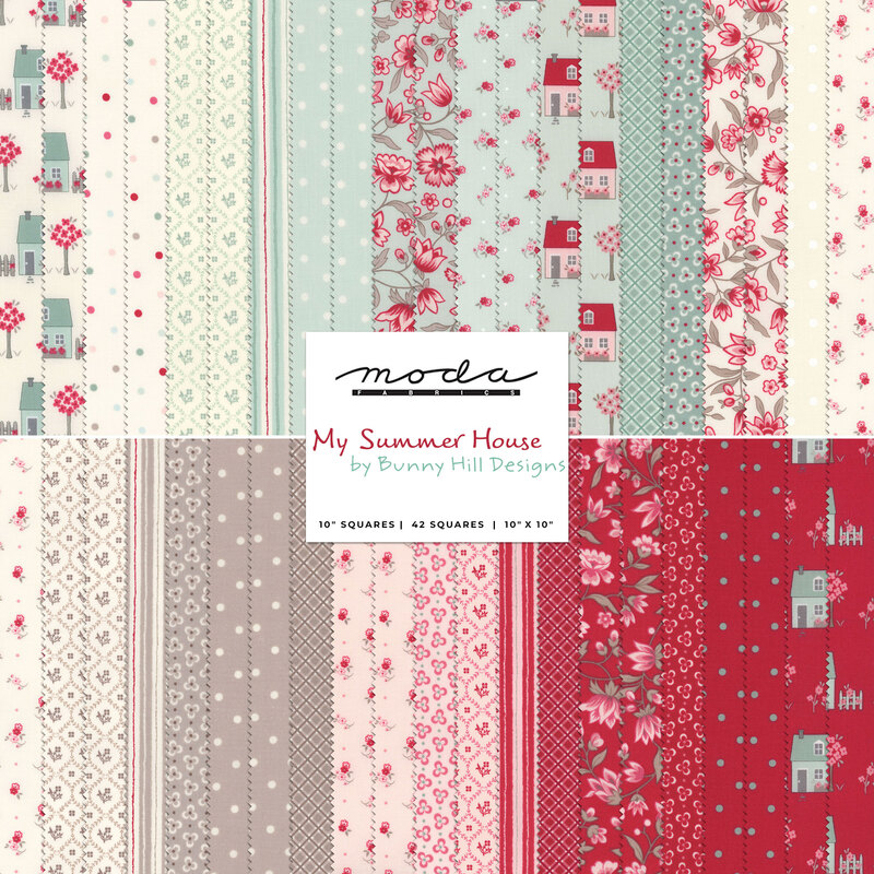 collage of my summer house layer cake fabrics, in shades of red, pink, light blue, gray, and creme in lovely floral and tiled patterns