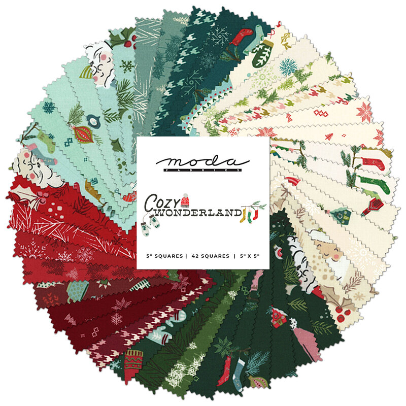 collage of cozy wonderland charm pack fabric, in shades of red, dark red, dark blue, blue green, and creme, of Christmas themed designs and patterns