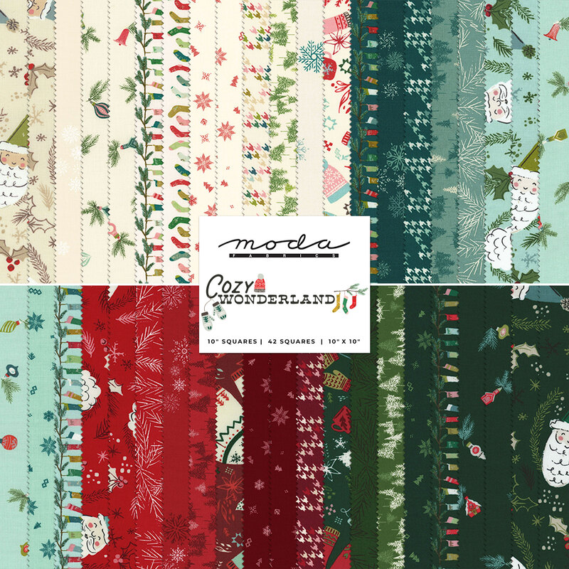 collage of cozy wonderland layer cake fabric, in shades of red, dark red, dark blue, blue green, and creme, of Christmas themed designs and patterns