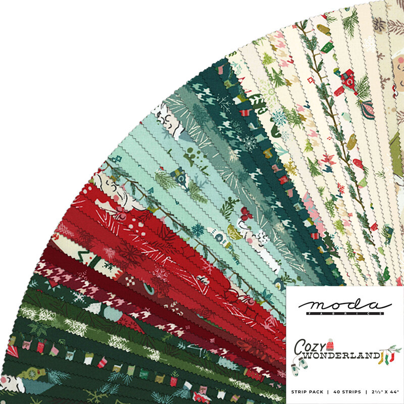 collage of cozy wonderland jelly roll fabric, in shades of red, dark red, dark blue, blue green, and creme, of Christmas themed designs and patterns