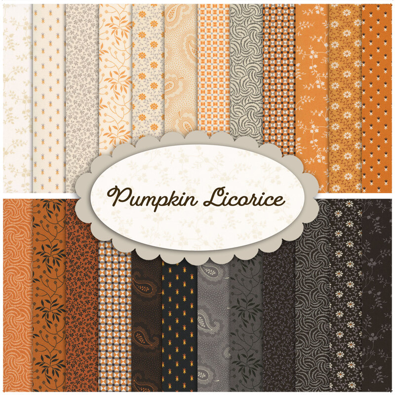 Composite collage of the 24 SKUs in the Pumpkin Licorice collection, a vibrant wash of orange and black and cream