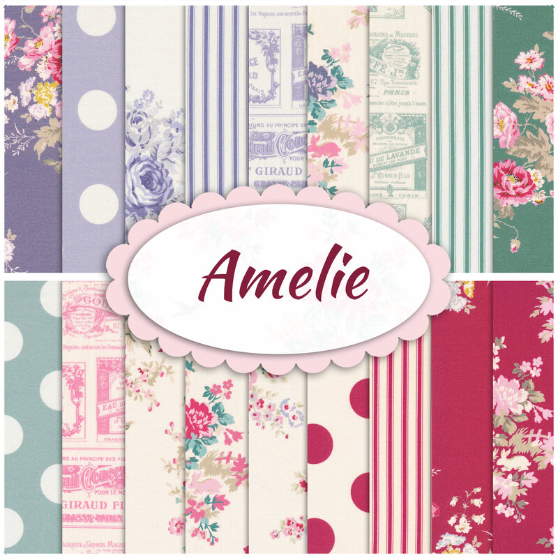 collage of fabrics in Amelie featuring florals, polkadots, lines, and signage in shades of teal, pink, red and purple