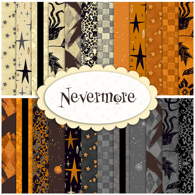 Composite collage of the 24 SKUs in the Nevermore collection, warm toned orange, cream, black, and gray