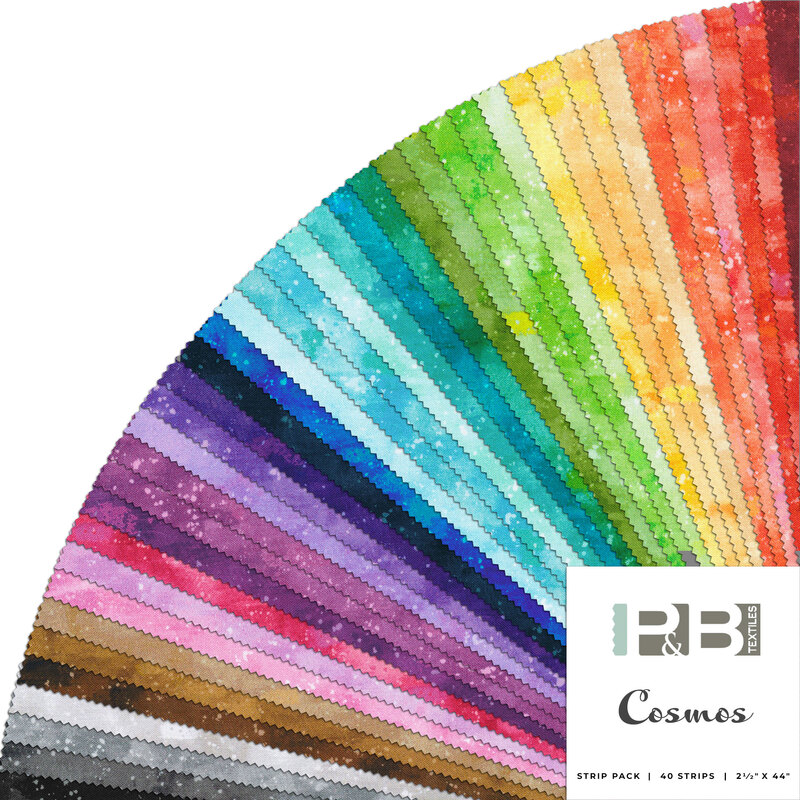 collage of cosmos jelly roll fabrics featuring painted textured fabrics in shades of the rainbow