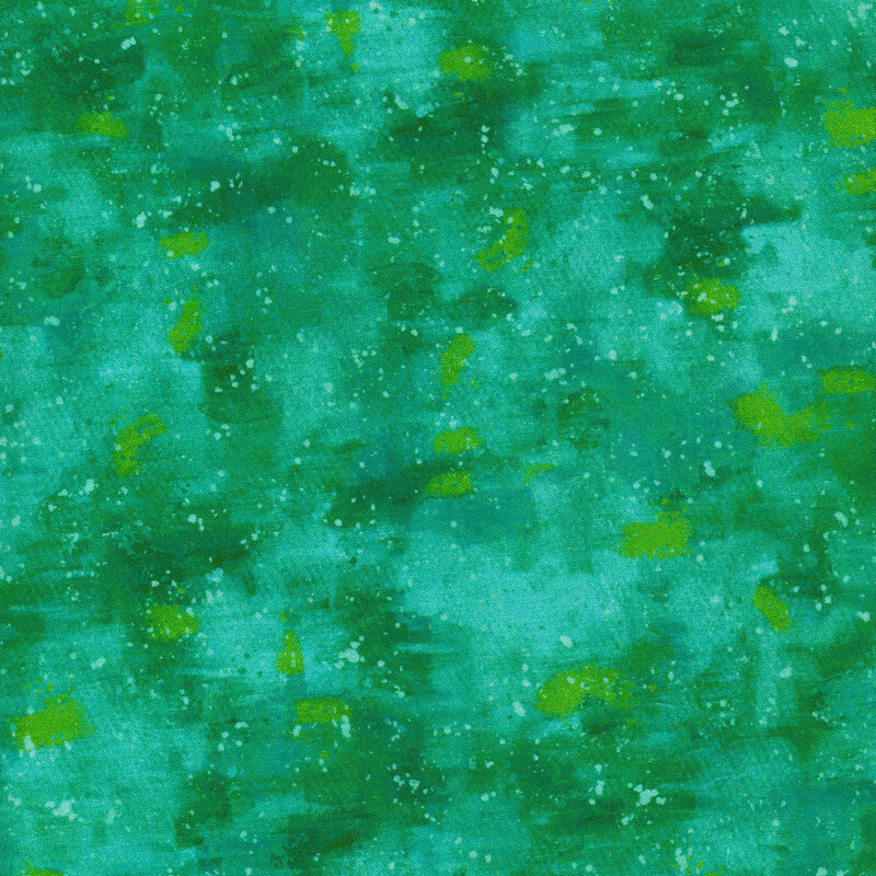 This fabric has a dark green painted texture with splatters of yellow green