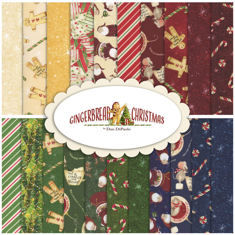 Composite collage of the 21 SKUs in the Gingerbread Christmas collection, a smooth transition from buttery cream to wine red to forest green to navy,