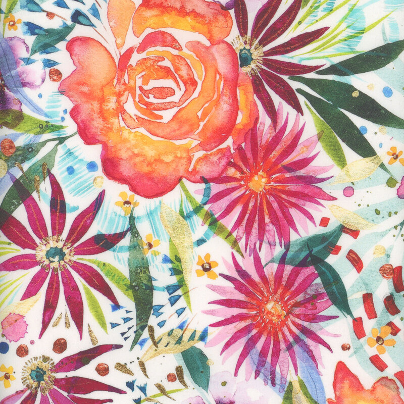 packed bright watercolor flower and foliage fabric with a white background