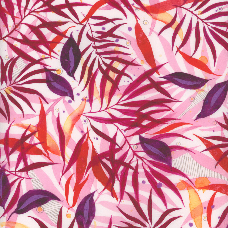 densely packed bright magenta watercolor leaves and foliage fabric with a white background