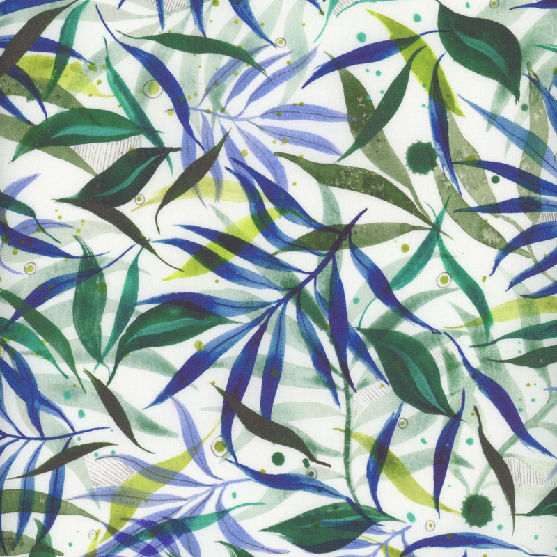 densely packed bright blue and green watercolor leaves and foliage fabric with a white background