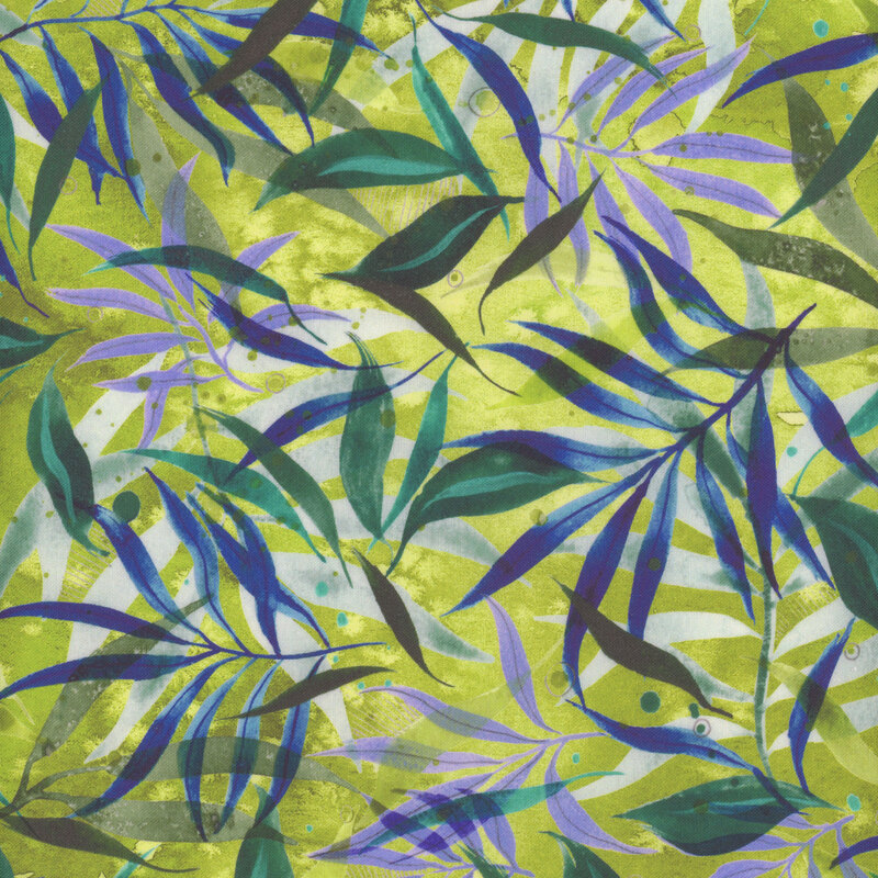 densely packed bright blue and teal watercolor leaves and foliage fabric with a leaf green background