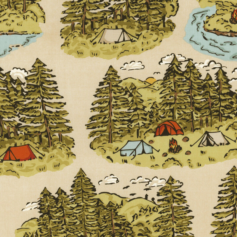 tan fabric with small scenes of campsites with tents, trees, and campfires