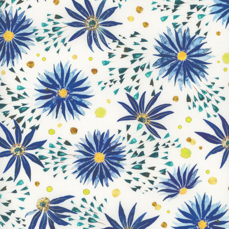 white fabric with vibrant blue flowers and teal petal bursts with scattered chartreuse, bronze, and gold watercolor dots