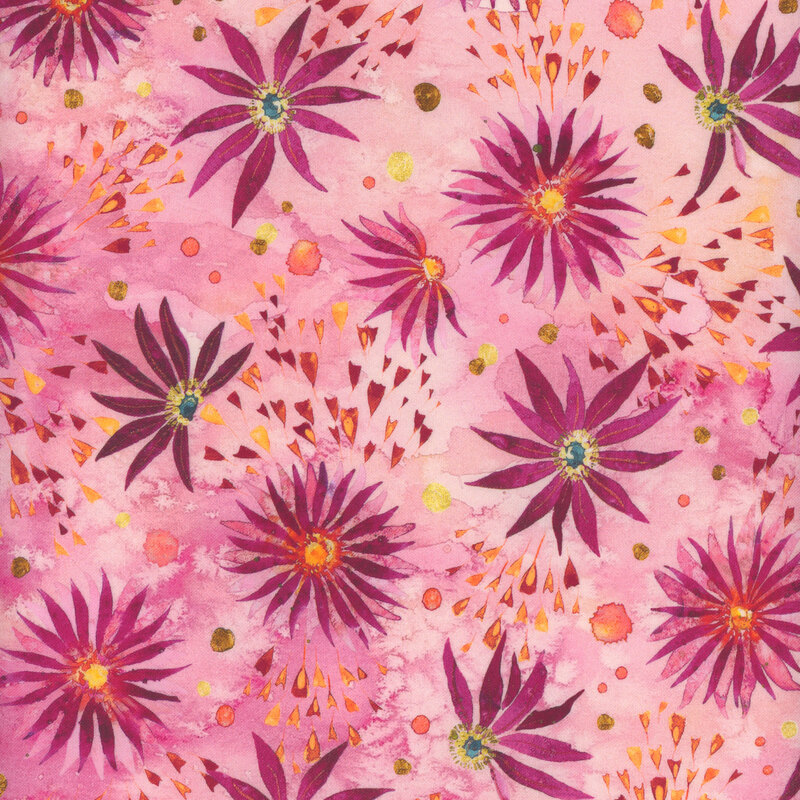 pink fabric with vibrant magenta flowers and orange petal bursts with scattered orange, brass, and gold watercolor dots