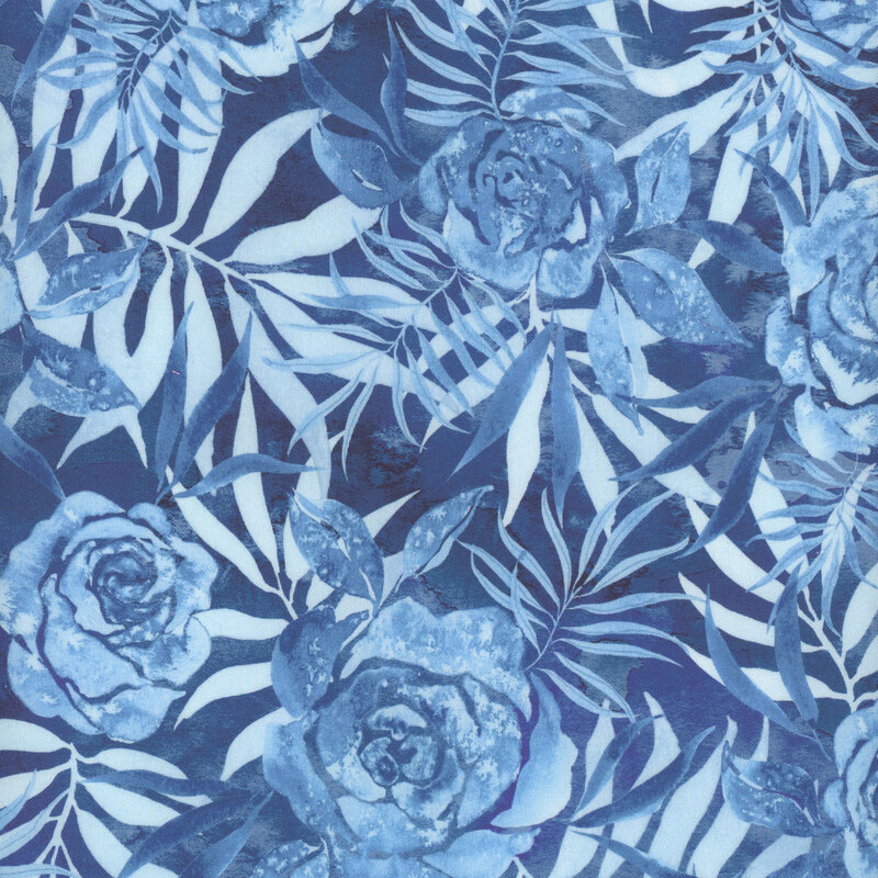 rich blue fabric with toile watercolor light blue roses and leaves
