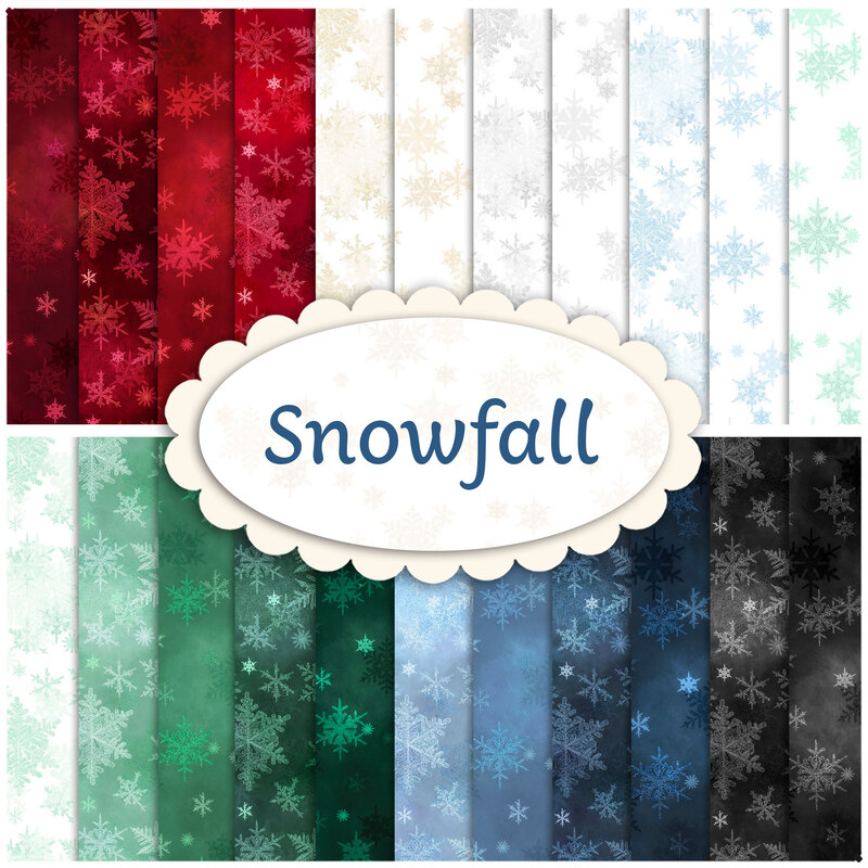 Composite image of the 22 SKUs of fabric featured in the Snowfall collection, layered over each other in two rows