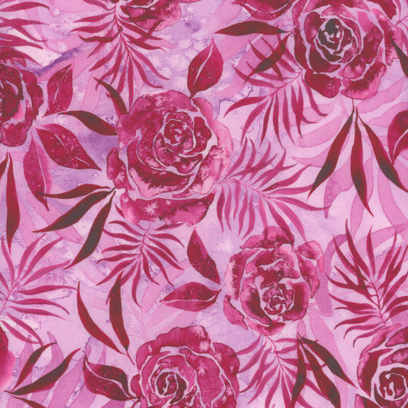 soft magenta fabric with watercolor magenta roses and leaves