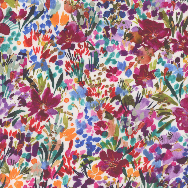 multicolor watercolor fabric of abstract florals and texturing