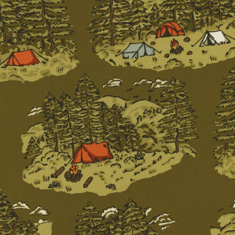 dark green fabric with small scenes of campsites with tents, trees, and campfires