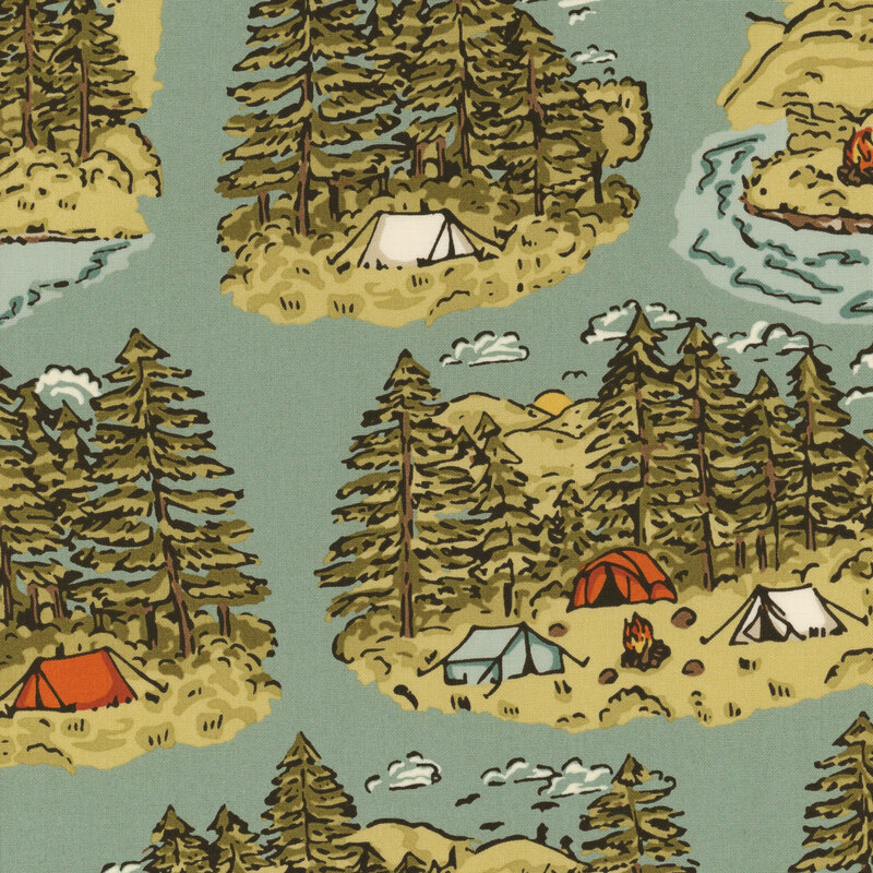dusty blue fabric with small scenes of campsites with tents, trees, and campfires