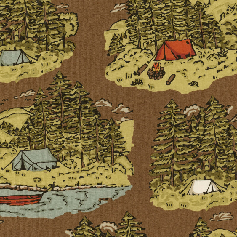 brown fabric with small scenes of campsites with tents, trees, and campfires