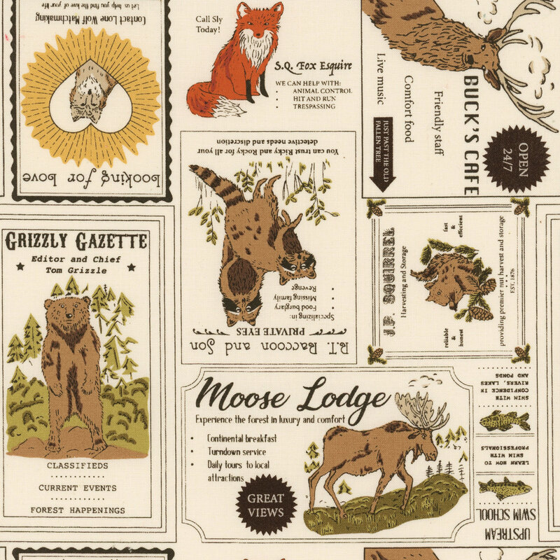 Cream fabric covered in square and rectangular advertisements all featuring woodland animals.