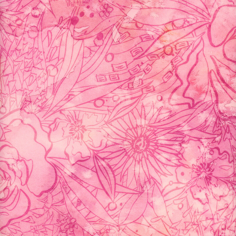 pink tonal fabric with watercolor mottling, flowers, and abstract shapes