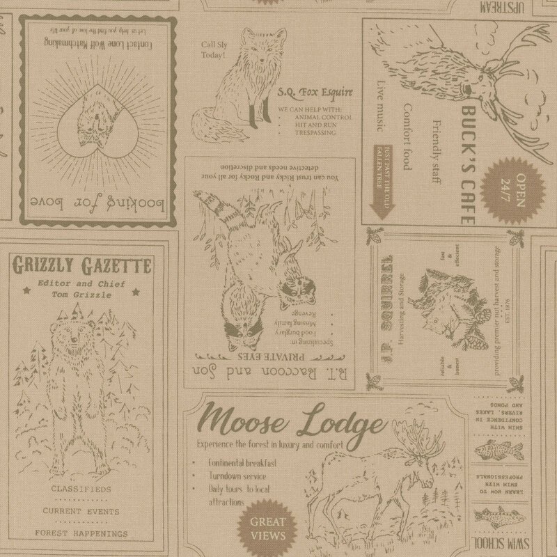 Tan tonal fabric covered in square and rectangular advertisements all featuring woodland animals.