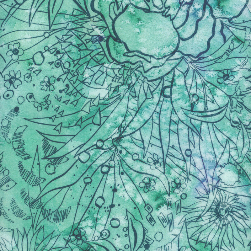 aqua fabric with watercolor mottling, teal flowers, and teal abstract shapes
