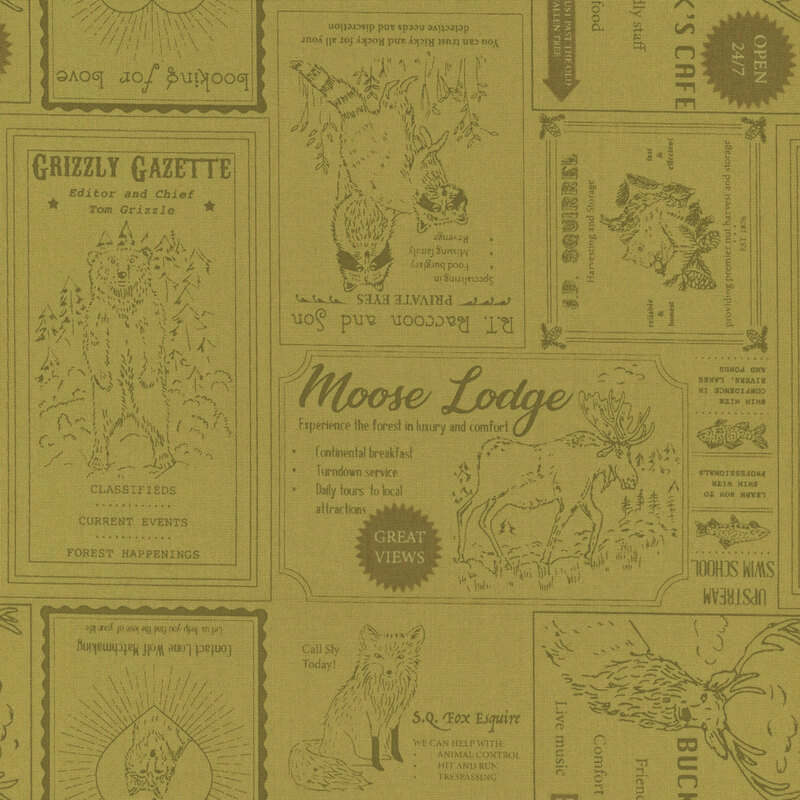 Green tonal fabric covered in square and rectangular advertisements all featuring woodland animals.